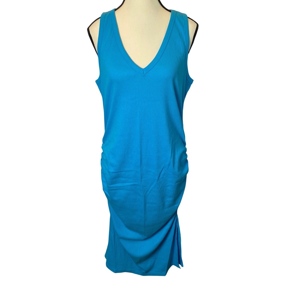 A New Day Ribbed Midi Dress Womens XL Blue V-Neck Side Ruched Casual Summer‎
